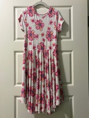 Girls' White Dress with Pink Floral Print - Short Sleeve Twirl Dress